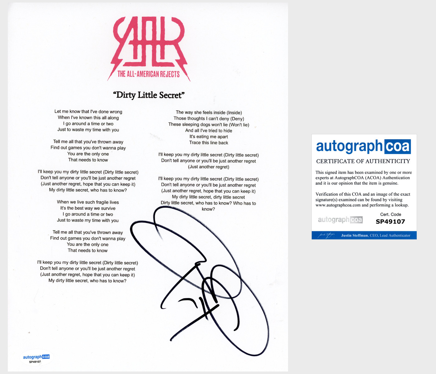 Tyson Ritter 'All American Rejects' Signed Lyric Sheet Dirty Little Secret ACOA