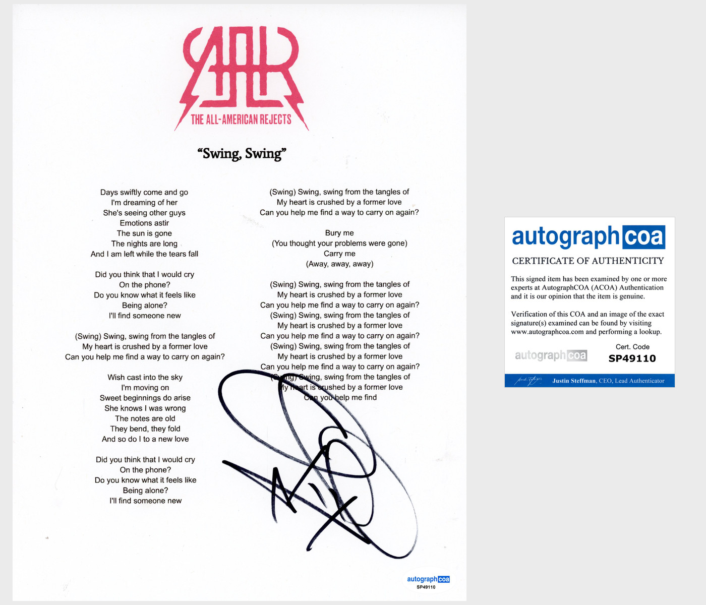 Tyson Ritter 'All American Rejects' Signed Lyric Sheet 'Swing, Swing' ACOA
