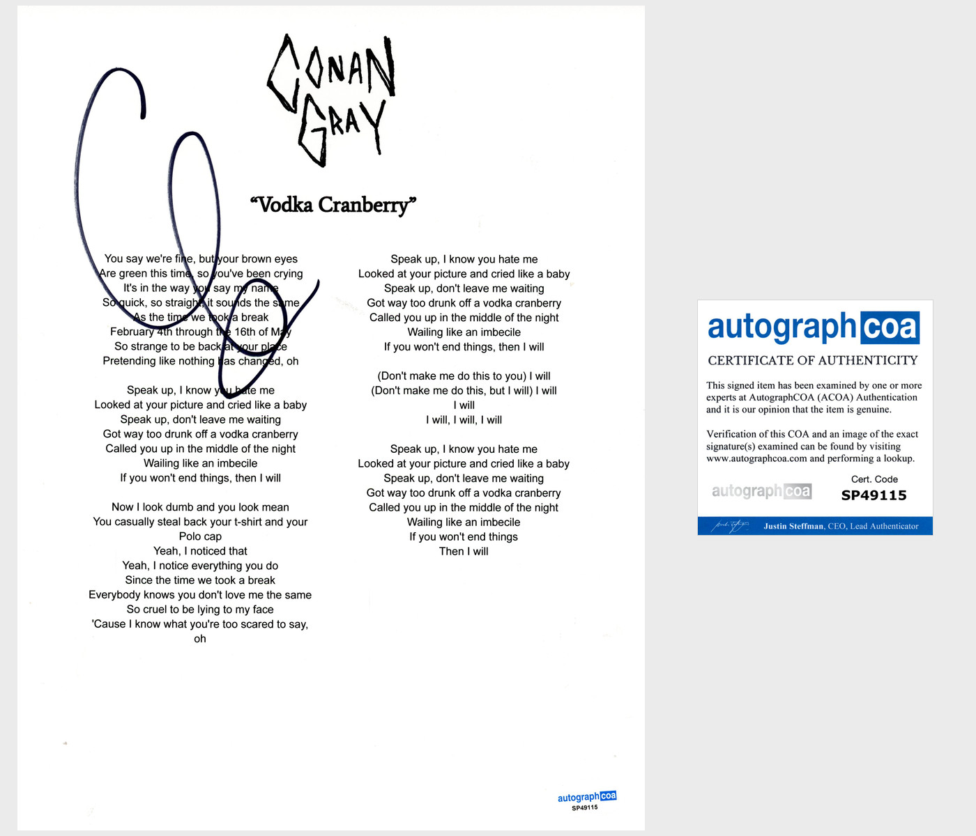 Conan Gray ‘Vodka Cranberry’ Signed Lyric Sheet Pop Singer ACOA