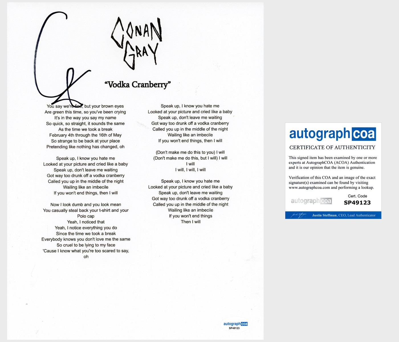 Conan Gray ‘Vodka Cranberry’ Signed Lyric Sheet Pop Singer ACOA
