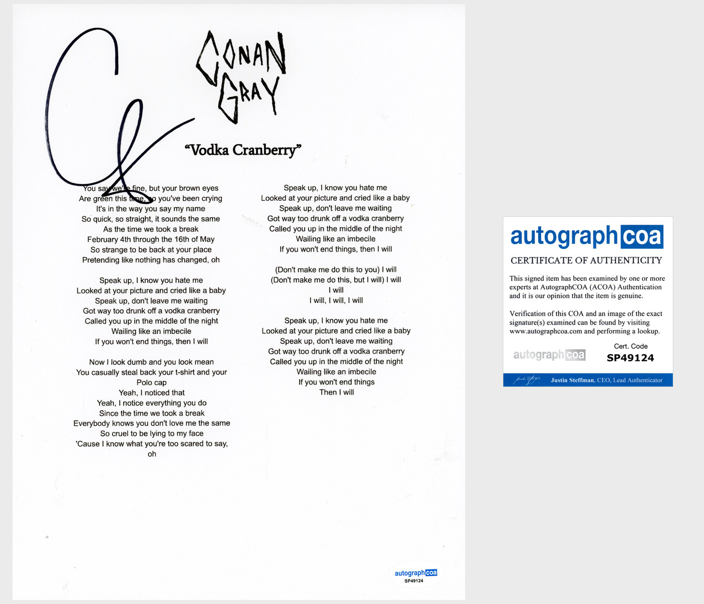 Conan Gray ‘Vodka Cranberry’ Signed Lyric Sheet Pop Singer ACOA