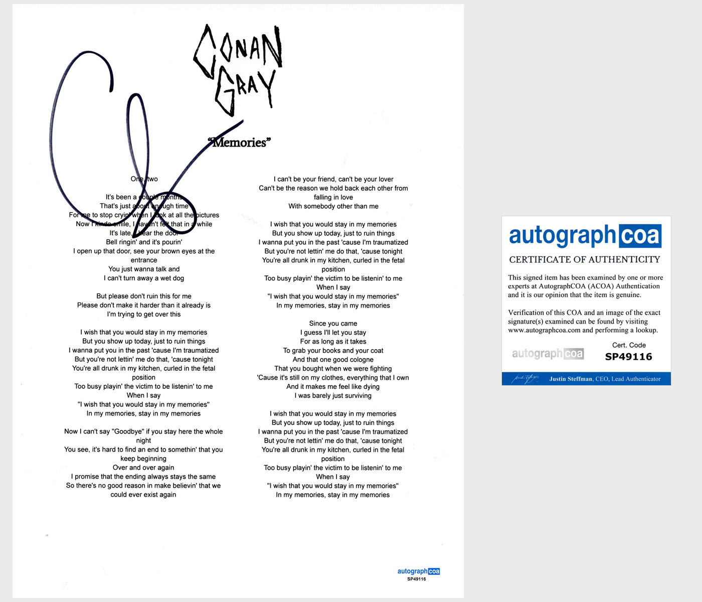 Conan Gray ‘Memories’ Signed Lyric Sheet Pop Singer ACOA