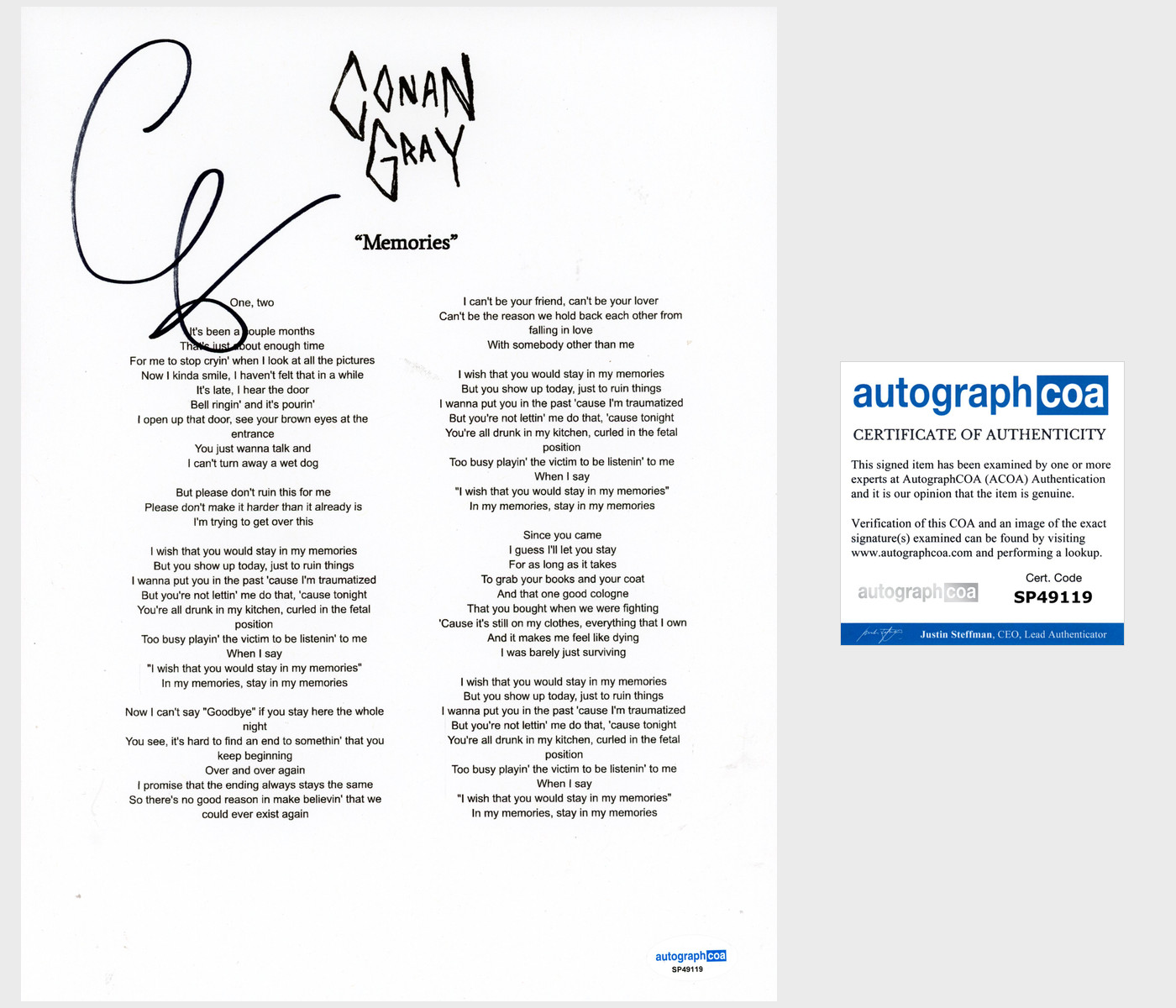 Conan Gray ‘Memories’ Signed Lyric Sheet Pop Singer ACOA
