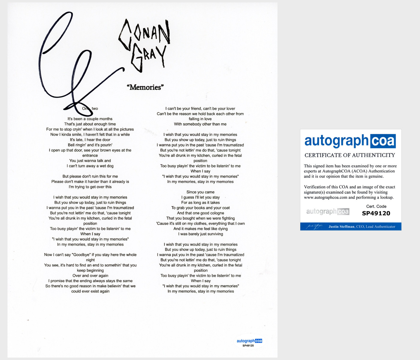 Conan Gray ‘Memories’ Signed Lyric Sheet Pop Singer ACOA