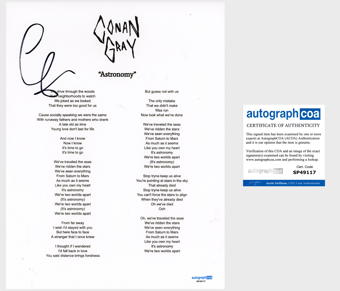Conan Gray ‘Astronomy’ Signed Lyric Sheet Pop Singer ACOA