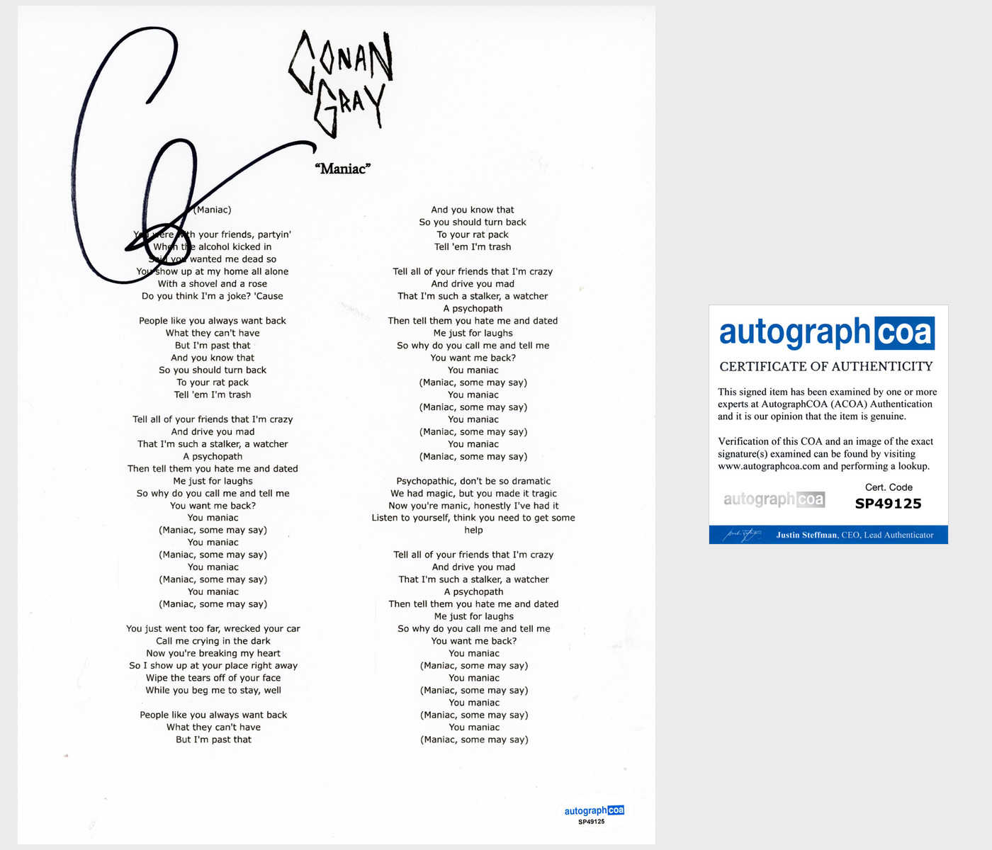 Conan Gray ‘Maniac’ Signed Lyric Sheet Pop Singer ACOA