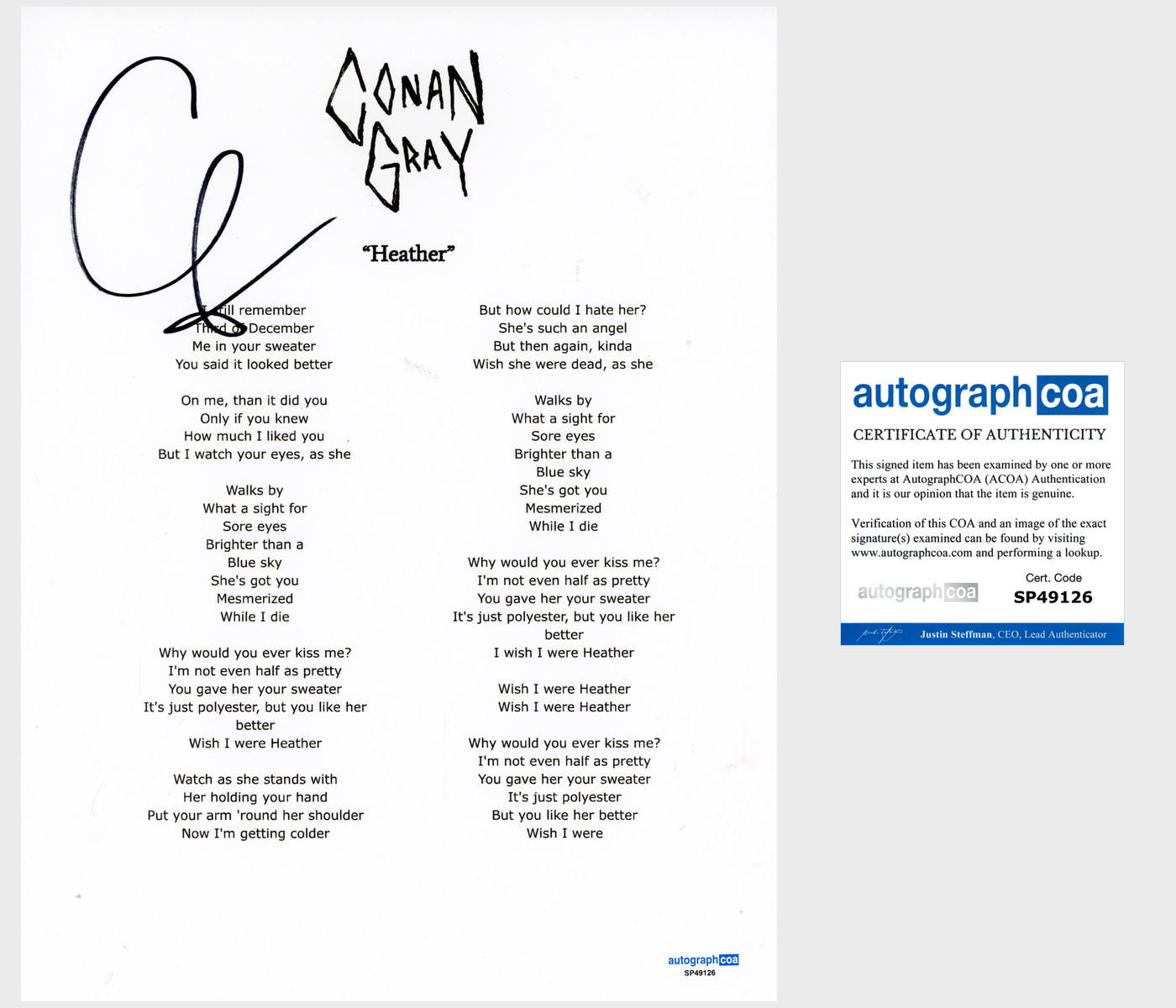 Conan Gray ‘Heather’ Signed Lyric Sheet Pop Singer ACOA