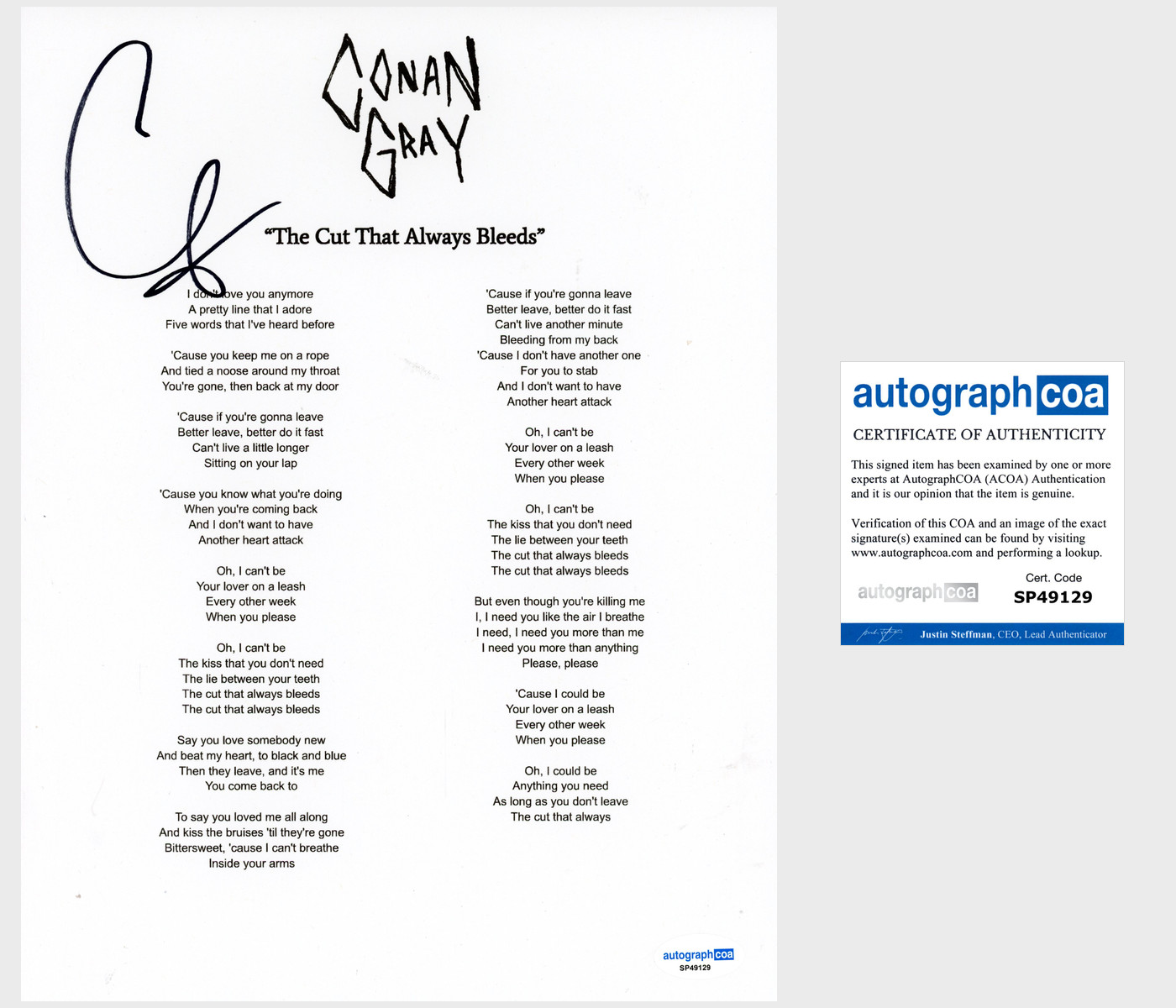 Conan Gray ‘The Cut That Always Bleeds’ Signed Lyric Sheet Pop Singer ACOA
