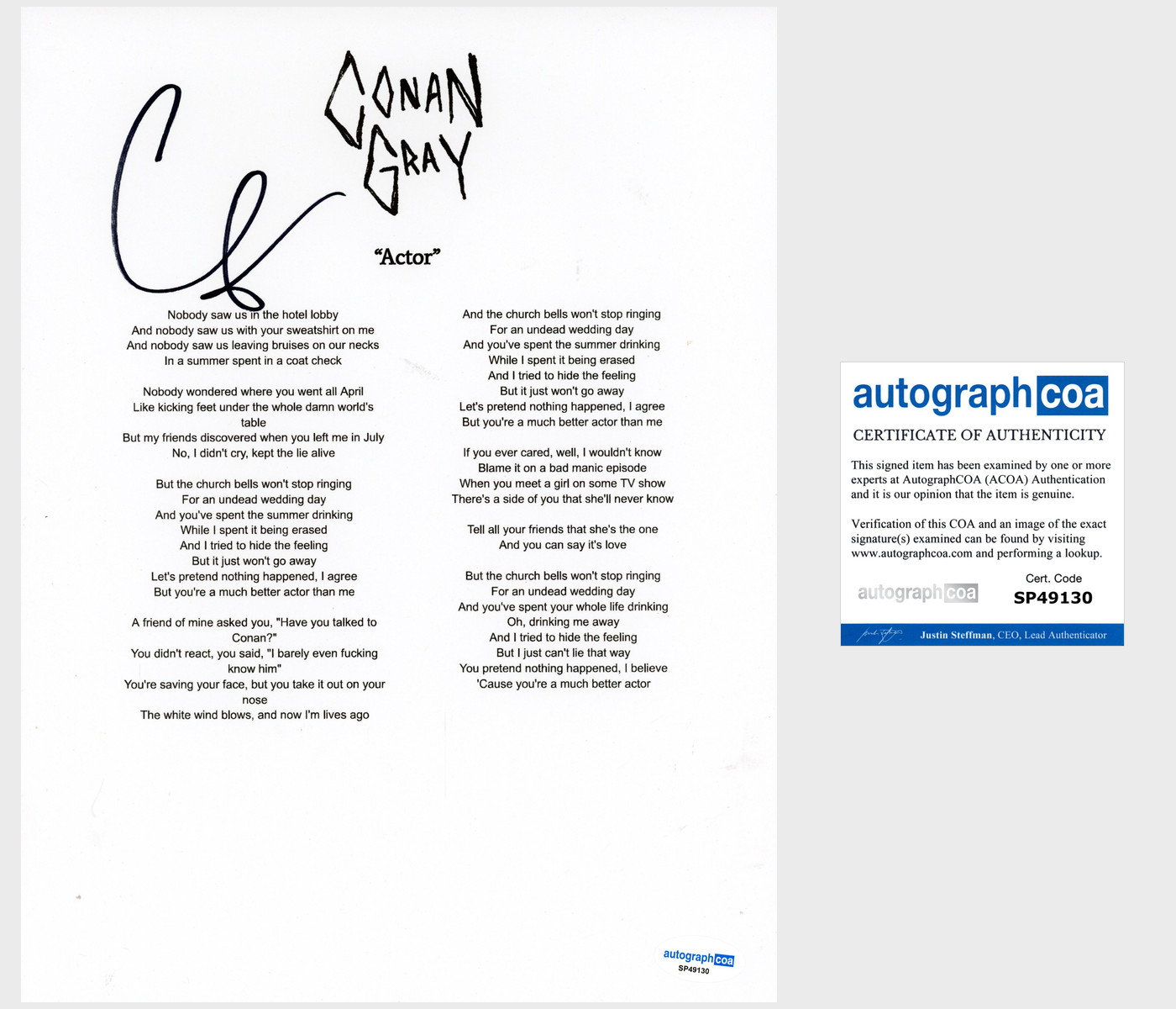Conan Gray ‘Actor’ Signed Lyric Sheet Pop Singer ACOA