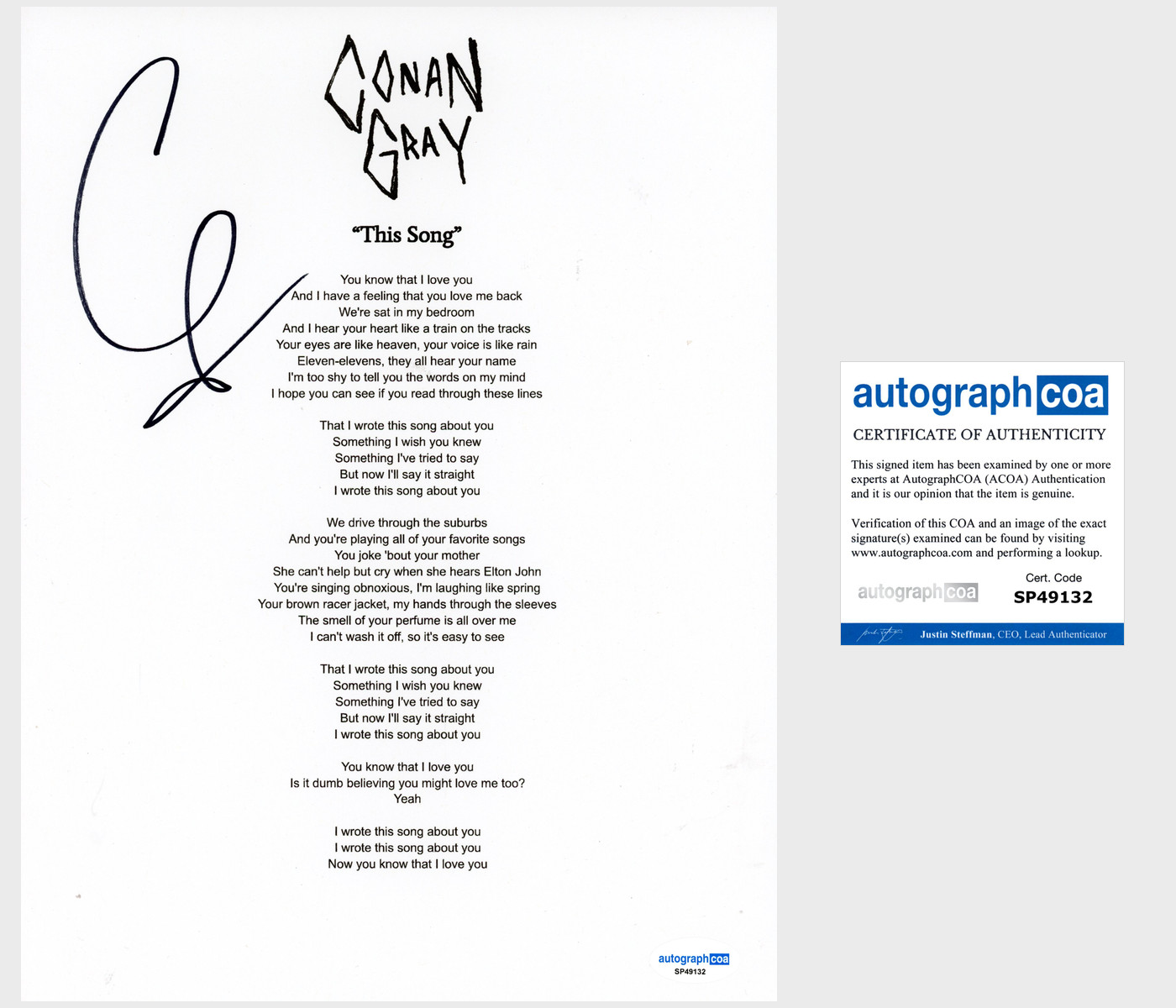 Conan Gray ‘This Song’ Signed Lyric Sheet Pop Singer ACOA