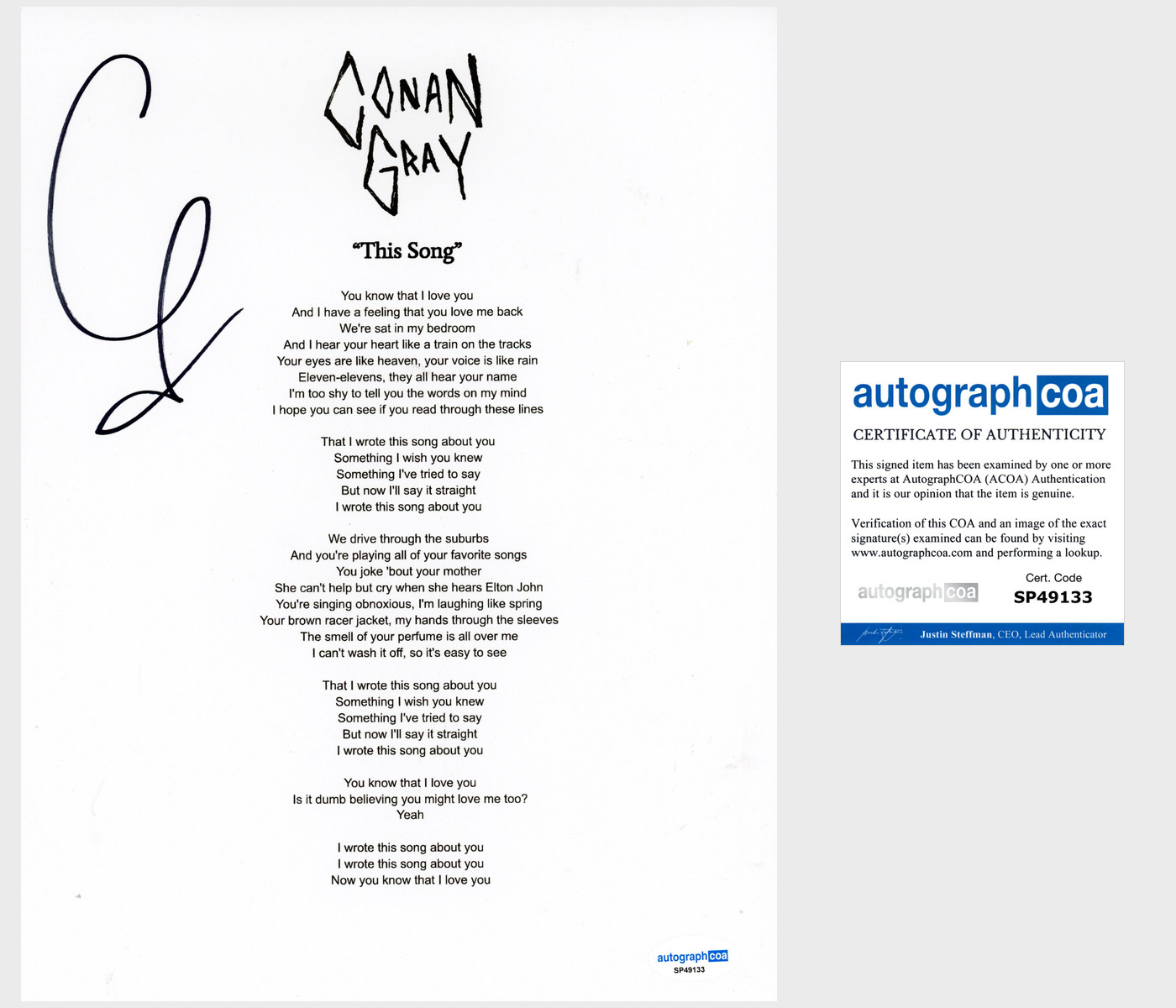 Conan Gray ‘This Song’ Signed Lyric Sheet Pop Singer ACOA