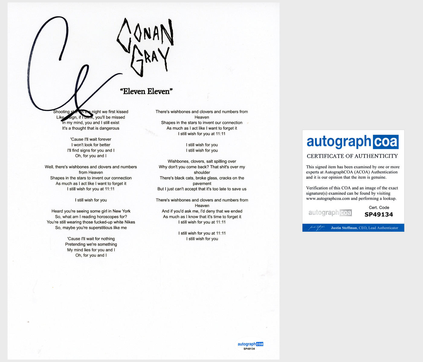 Conan Gray ‘Eleven Eleven’ Signed Lyric Sheet Pop Singer ACOA