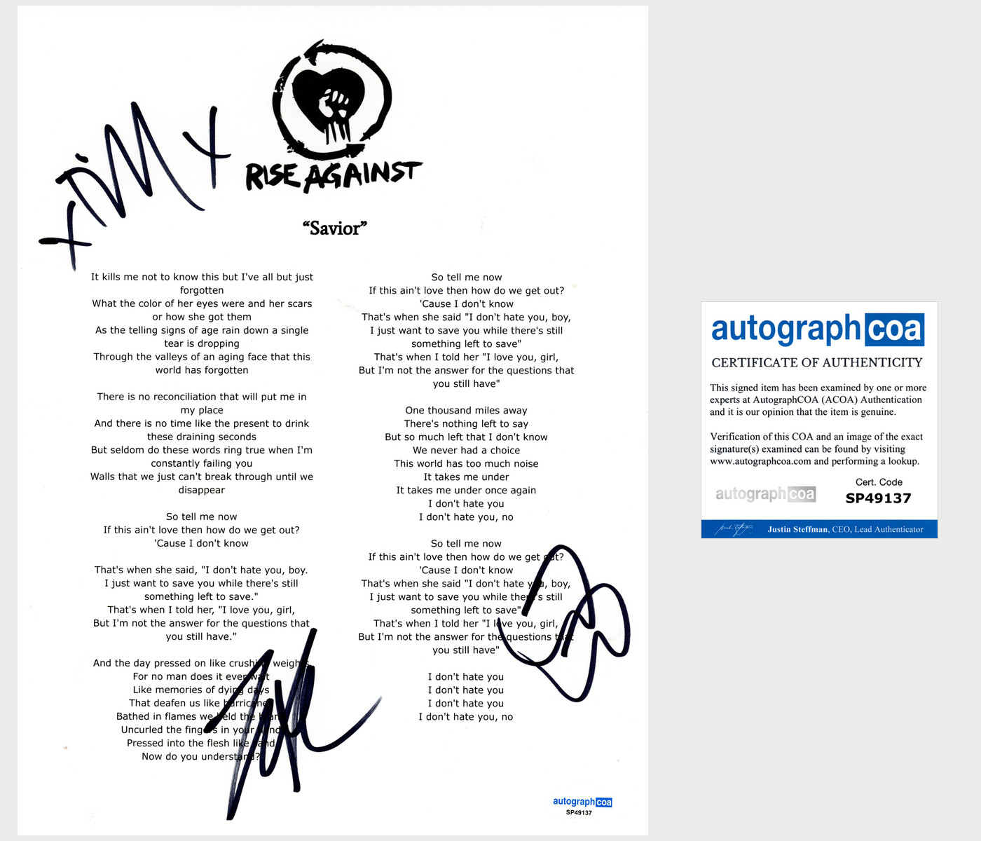 'Rise Against’ Band Signed Lyric Sheet 'Savior' Tim Mcilrath +2 ACOA