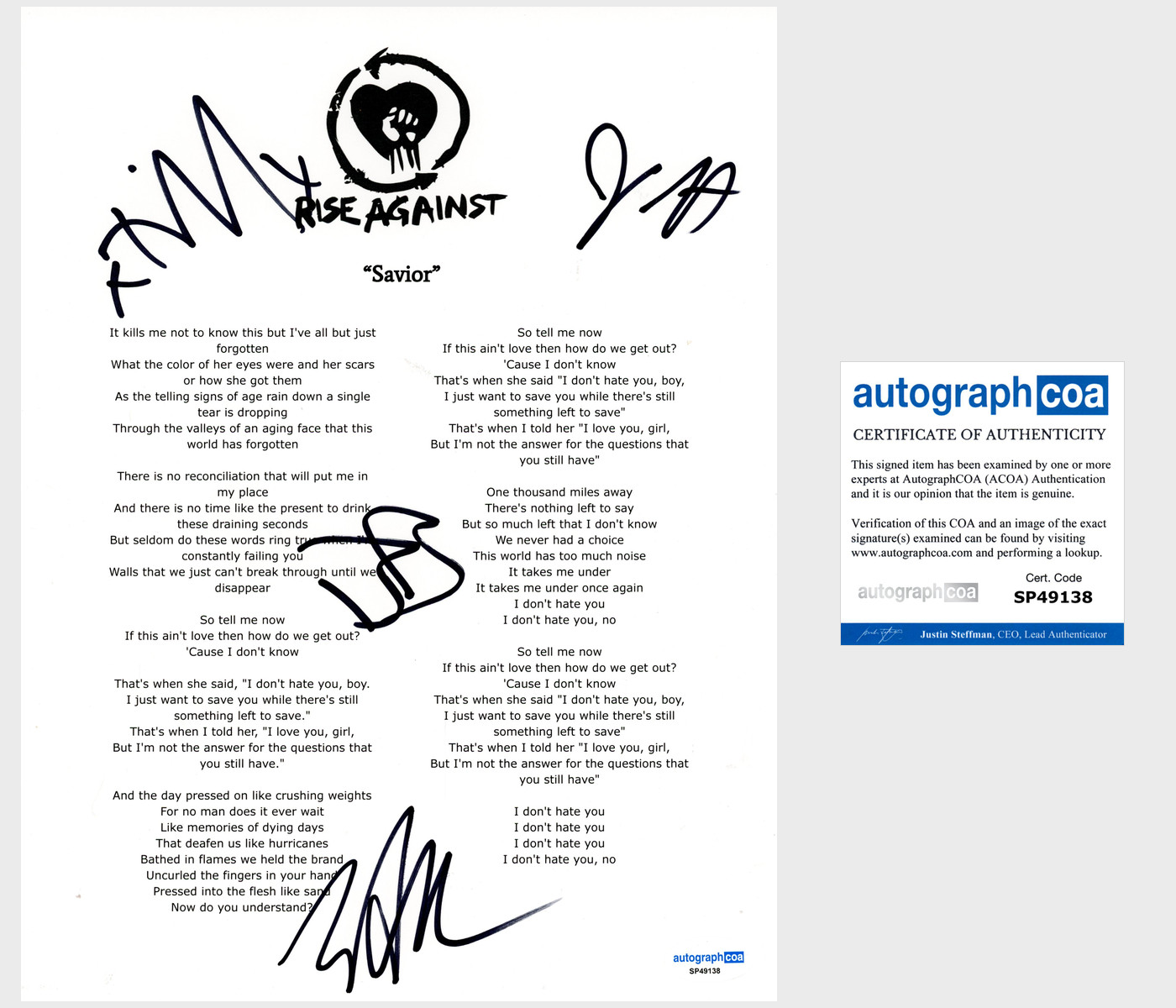 'Rise Against’ Band Signed Lyric Sheet 'Savior' Tim Mcilrath +3 ACOA