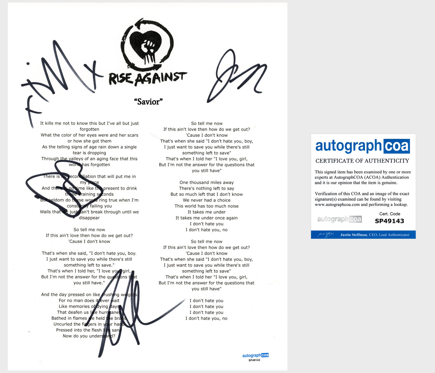 'Rise Against’ Band Signed Lyric Sheet 'Savior' Tim Mcilrath +3 ACOA