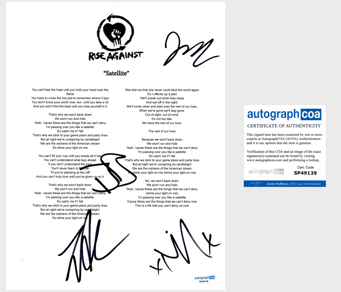'Rise Against’ Band Signed Lyric Sheet 'Satellite' Tim Mcilrath +3 ACOA