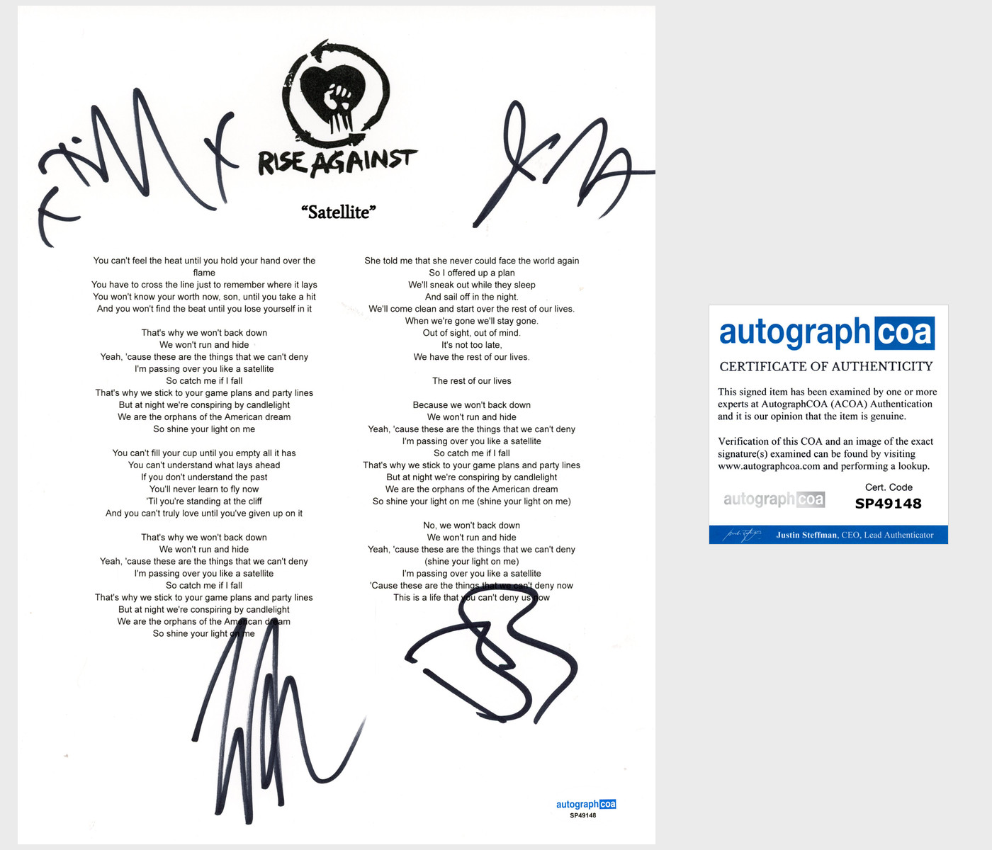 'Rise Against’ Band Signed Lyric Sheet 'Satellite' Tim Mcilrath +3 ACOA