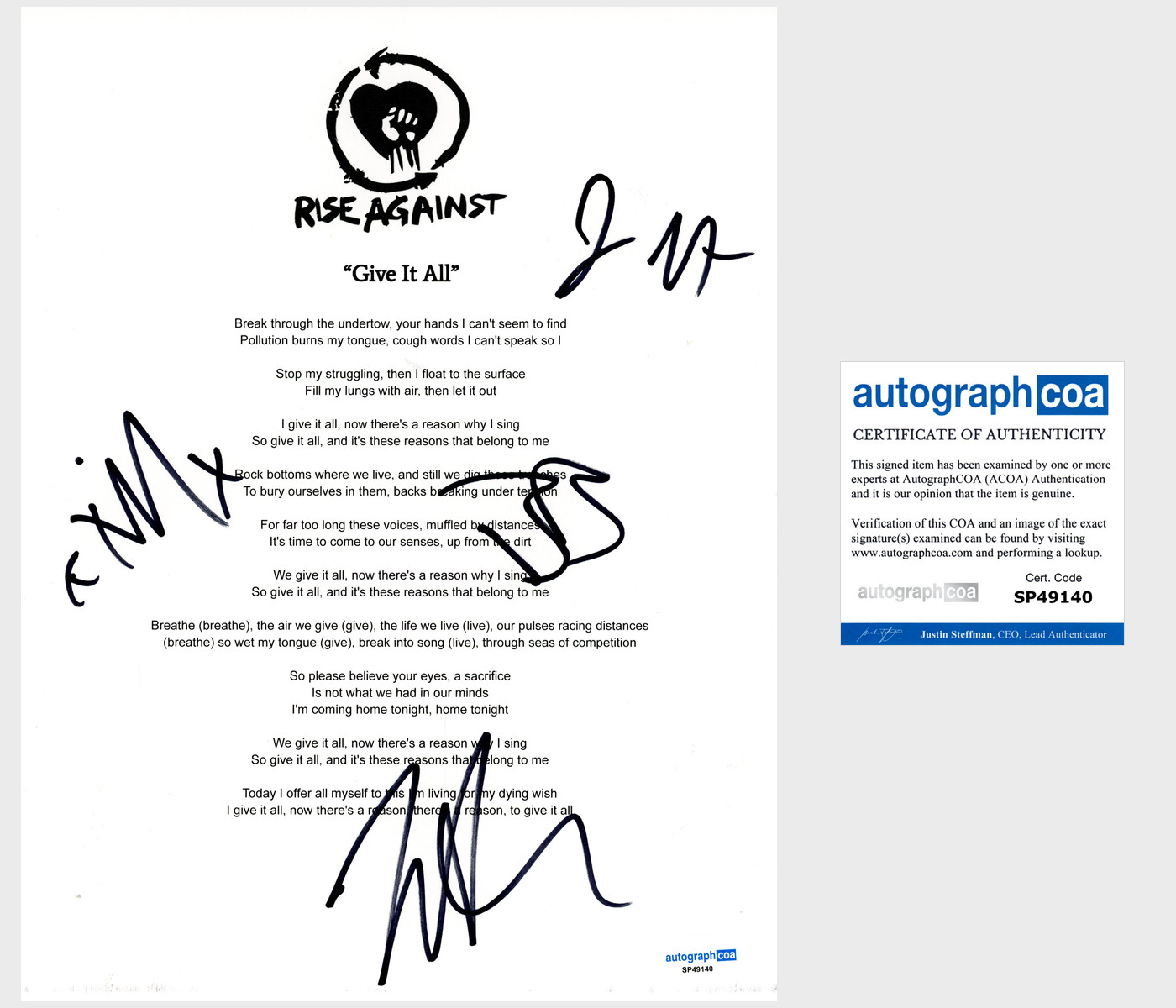 'Rise Against’ Band Signed Lyric Sheet 'Give It All' Tim Mcilrath +3 ACOA