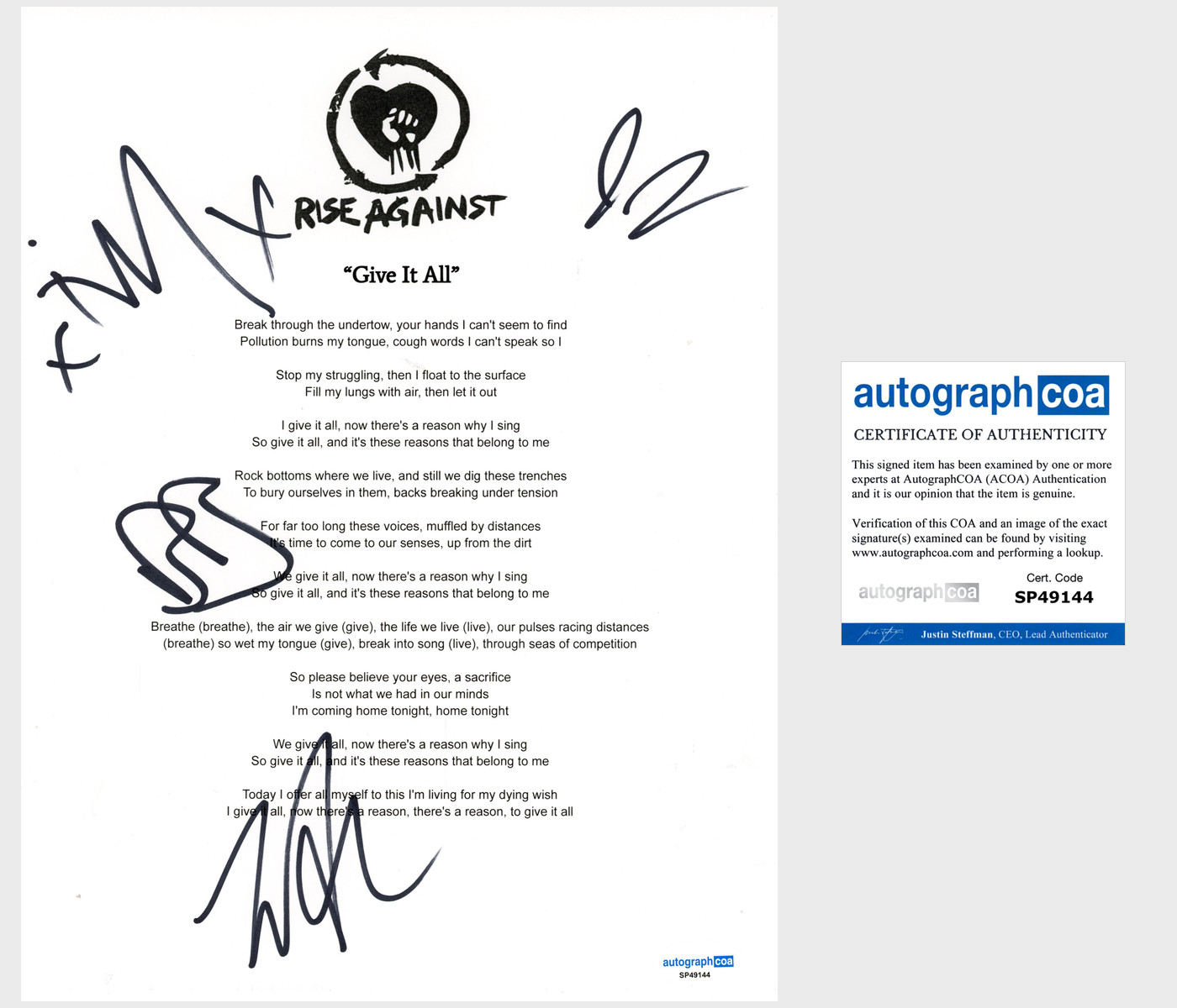'Rise Against’ Band Signed Lyric Sheet 'Give It All' Tim Mcilrath +3 ACOA