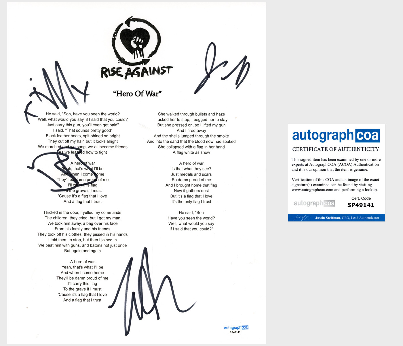 'Rise Against’ Band Signed Lyric Sheet 'Hero Of War' Tim Mcilrath +3 ACOA