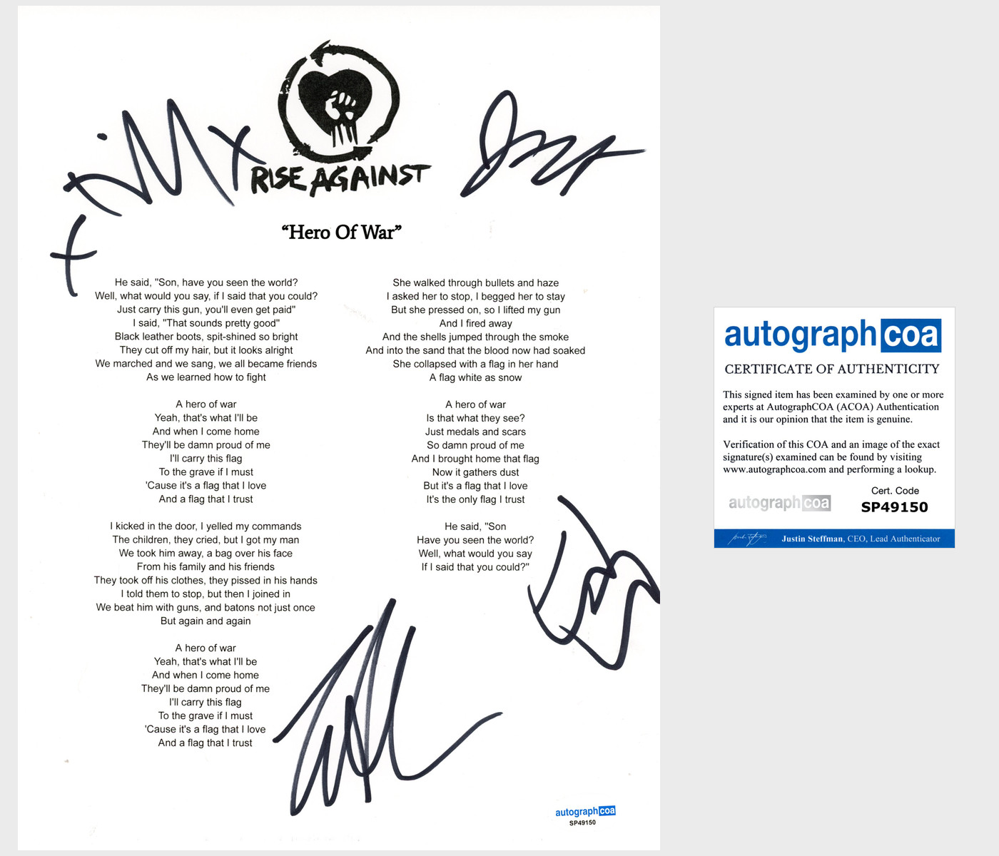 'Rise Against’ Band Signed Lyric Sheet 'Hero Of War' Tim Mcilrath +3 ACOA