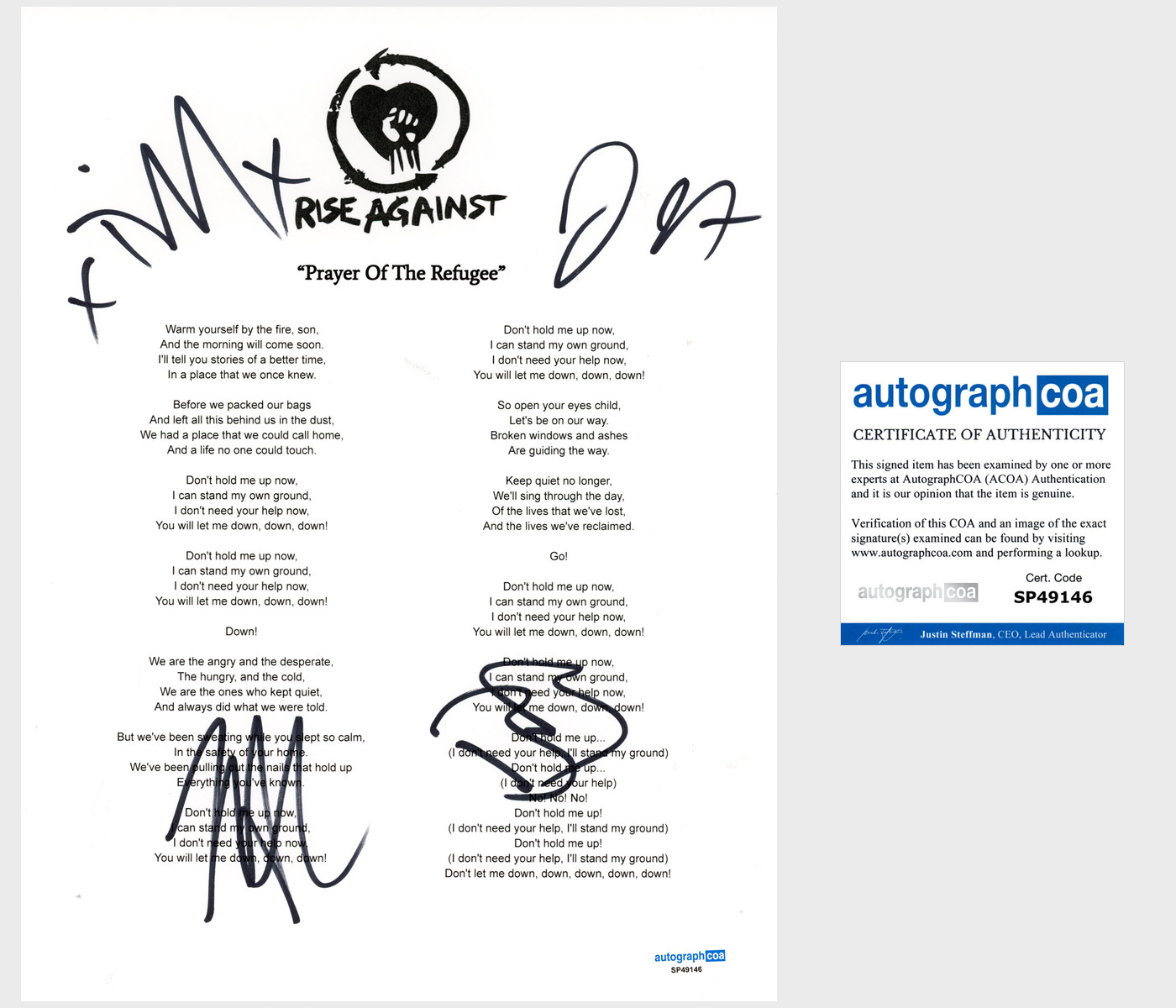 Rise Against Band Signed Lyric Sheet Prayer Of The Refugee Tim Mcilrath +3 ACOA