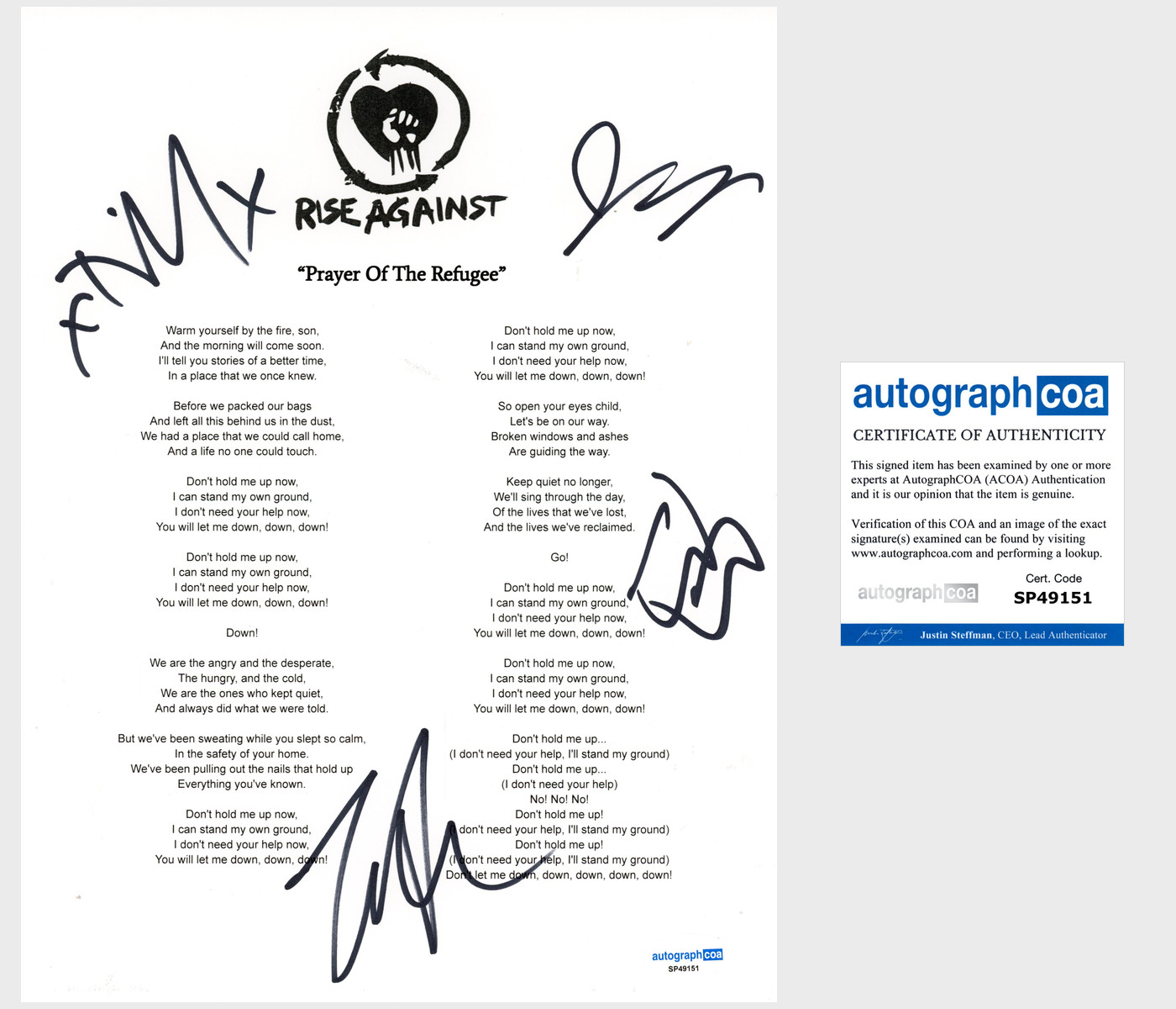 Rise Against Band Signed Lyric Sheet Prayer Of The Refugee Tim Mcilrath +3 ACOA