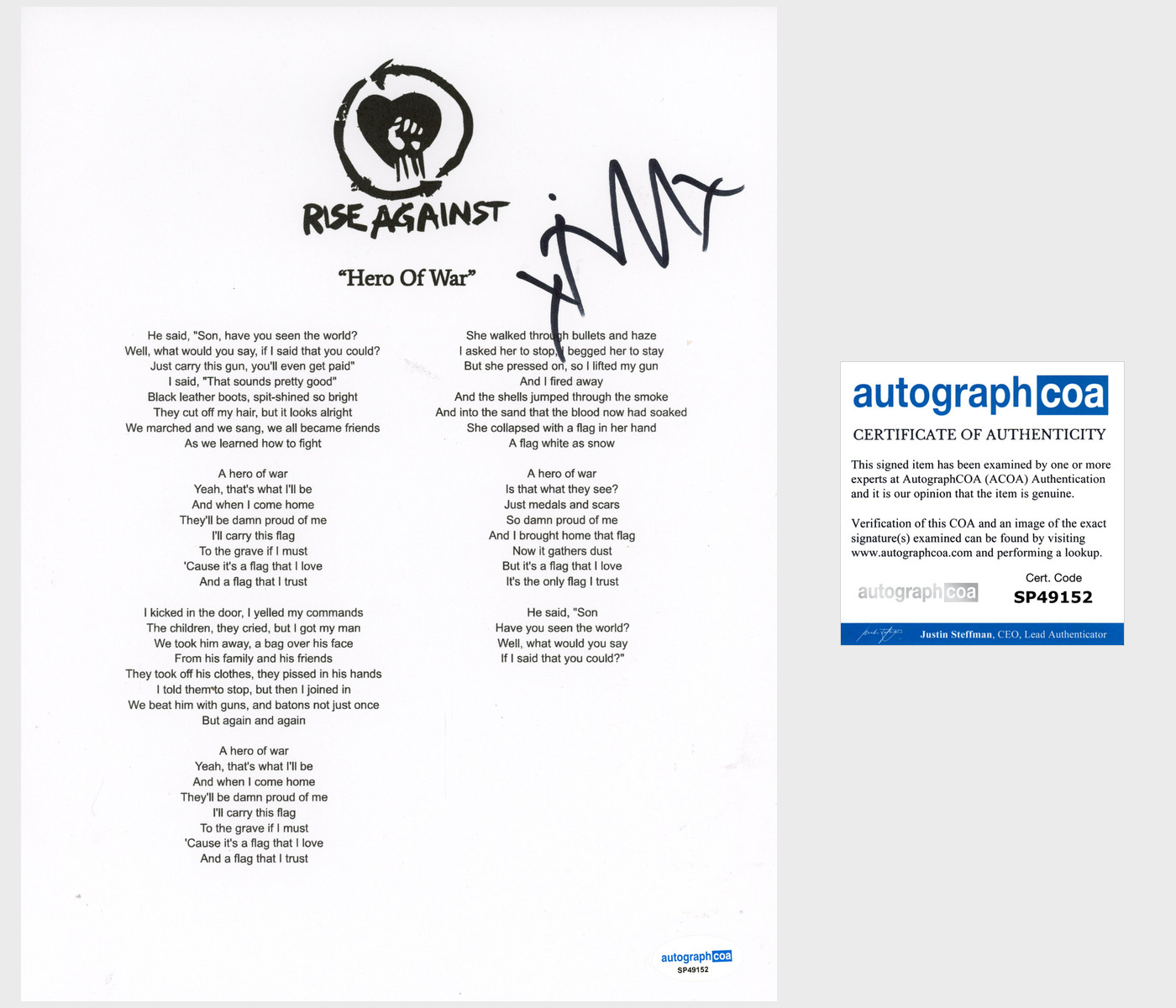 Tim Mcilrath 'Rise Against' Band Signed Lyric Sheet 'Hero Of War' ACOA