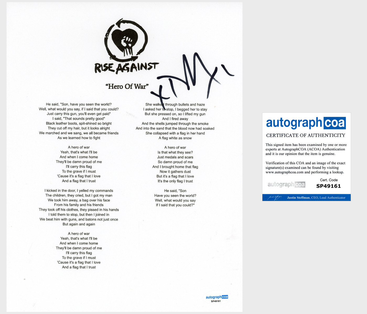 Tim Mcilrath 'Rise Against' Band Signed Lyric Sheet 'Hero Of War' ACOA