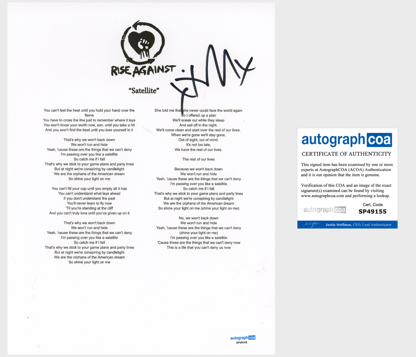 Tim Mcilrath 'Rise Against' Band Signed Lyric Sheet 'Satellite' ACOA