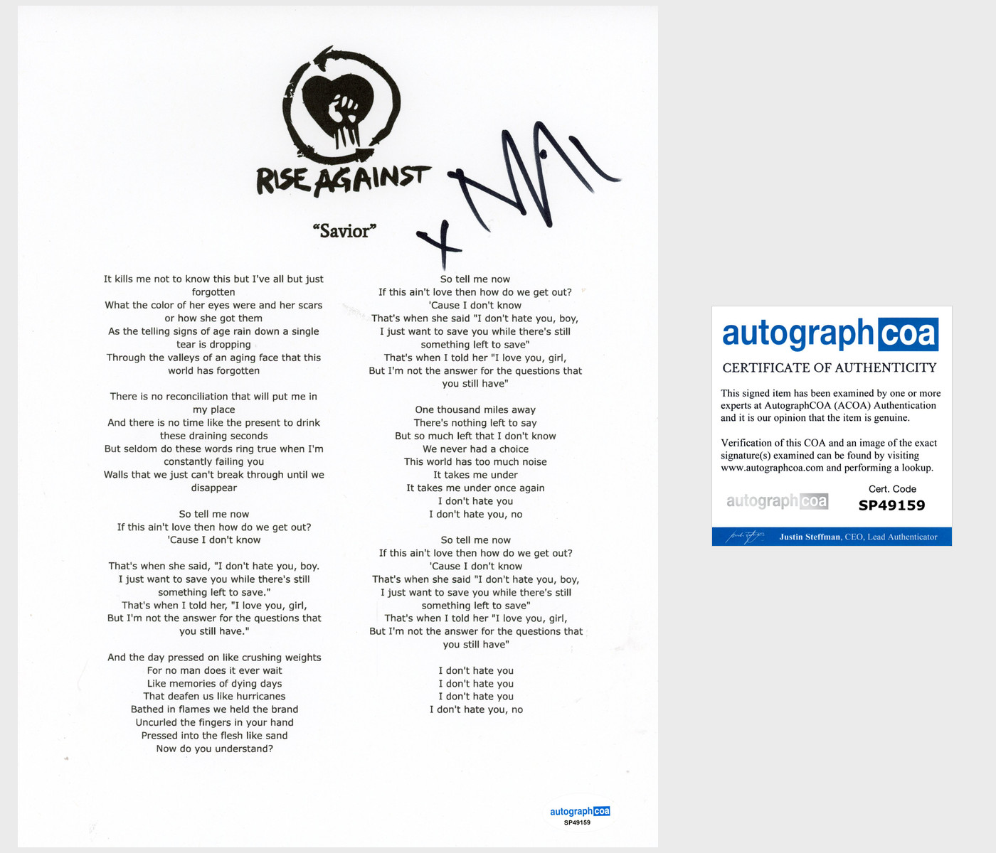 Tim Mcilrath 'Rise Against' Band Signed Lyric Sheet 'Savior' ACOA