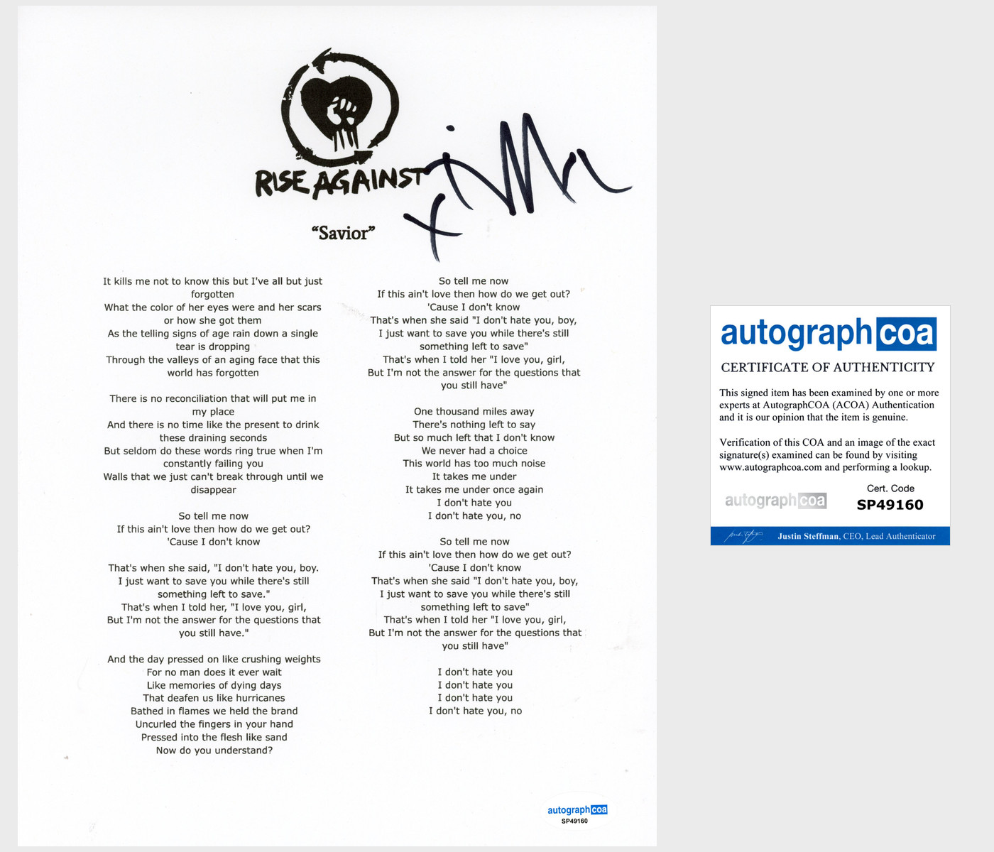 Tim Mcilrath 'Rise Against' Band Signed Lyric Sheet 'Savior' ACOA