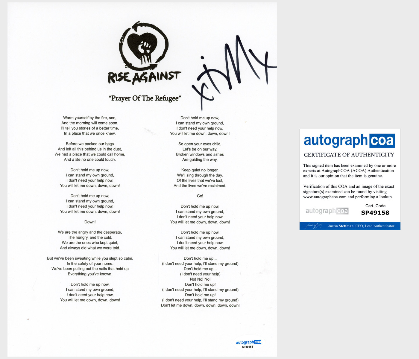 Tim Mcilrath 'Rise Against' Band Signed Lyric Sheet 'Prayer Of The Refugee' ACOA