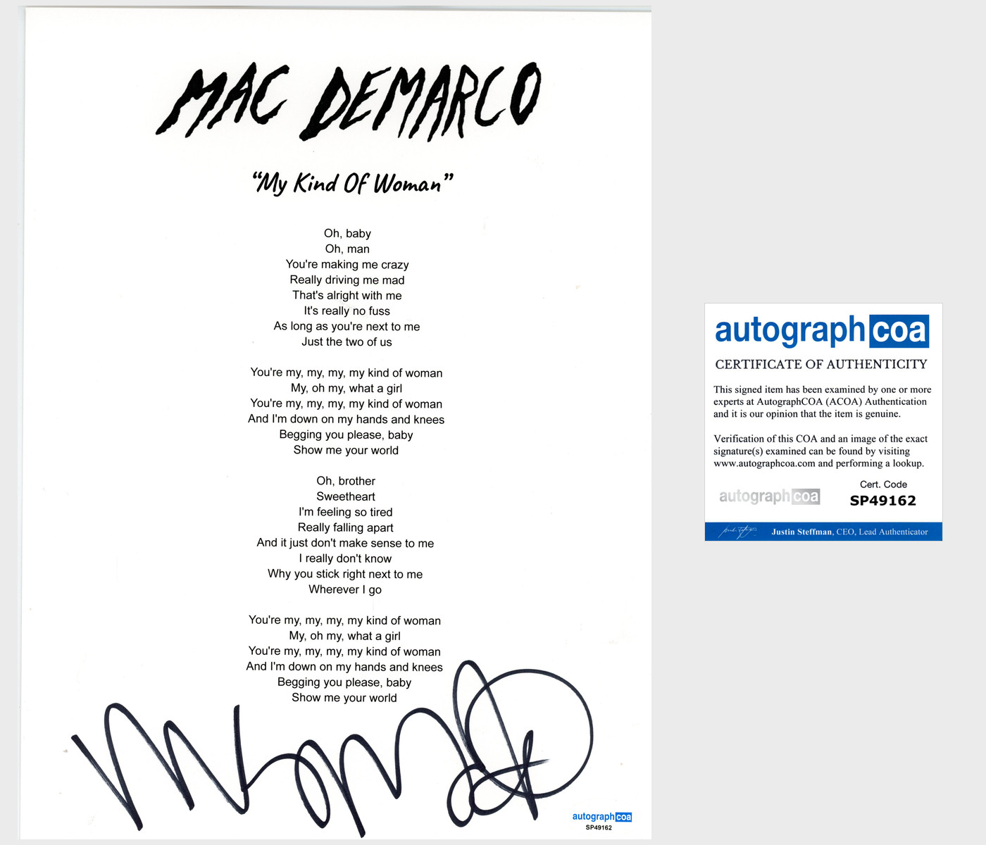 'Mac DeMarco' Signed Lyric Sheet 'My Kind Of Woman' Indie Pop ACOA