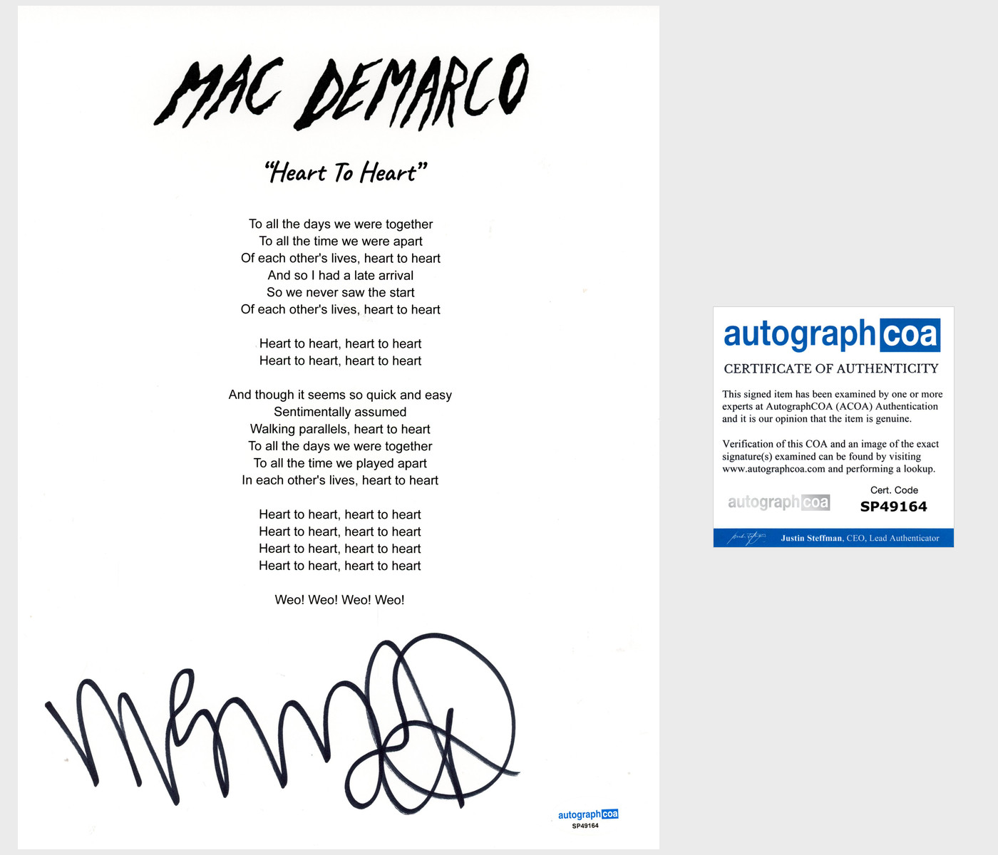 'Mac DeMarco' Signed Lyric Sheet 'Heart To Heart' Indie Pop ACOA