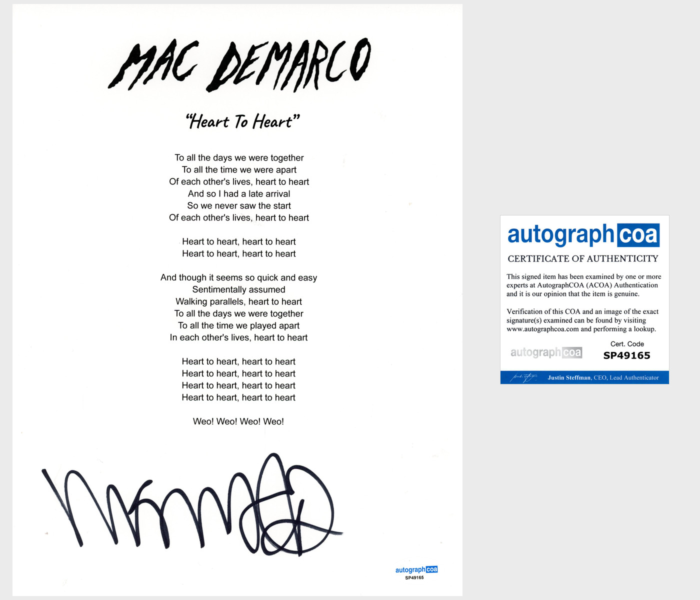 'Mac DeMarco' Signed Lyric Sheet 'Heart To Heart' Indie Pop ACOA