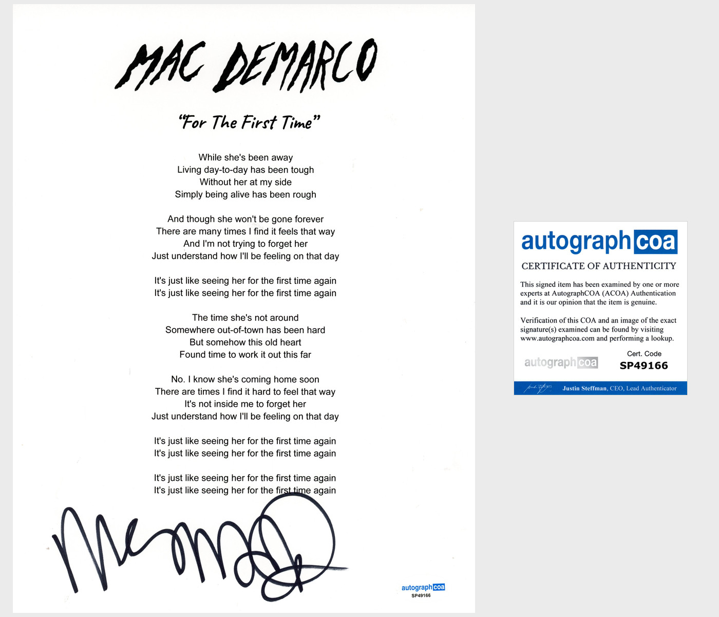 'Mac DeMarco' Signed Lyric Sheet 'For The First Time' Indie Pop ACOA