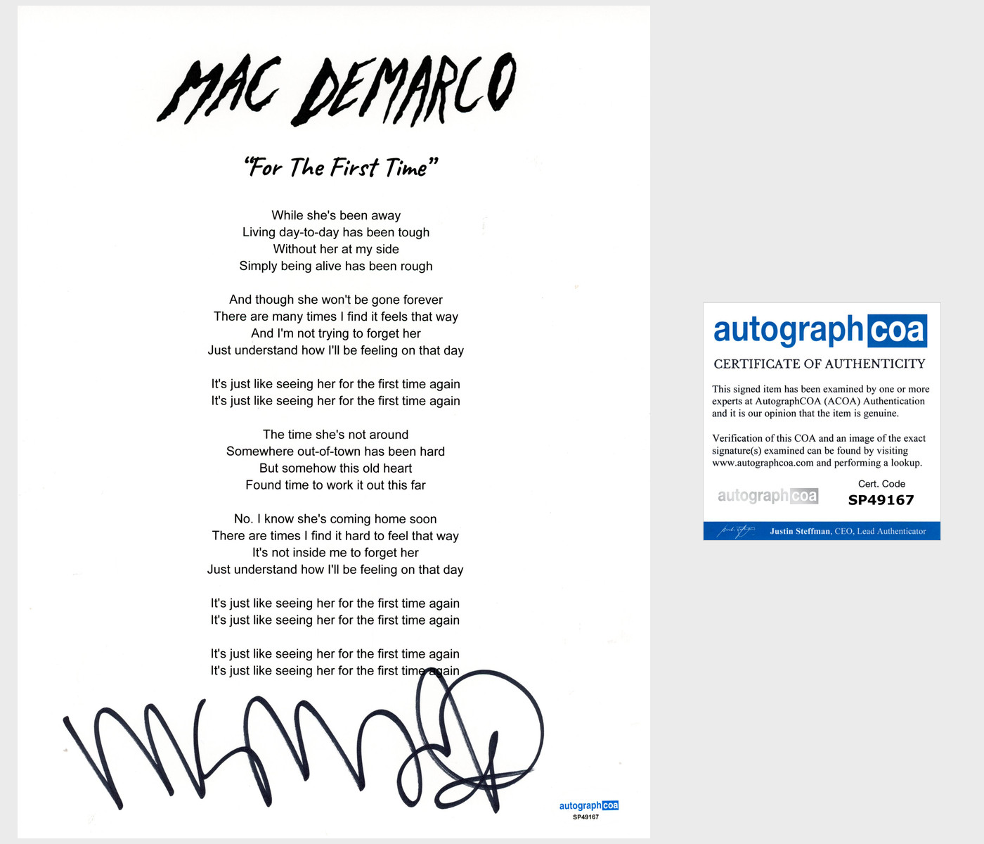 'Mac DeMarco' Signed Lyric Sheet 'For The First Time' Indie Pop ACOA