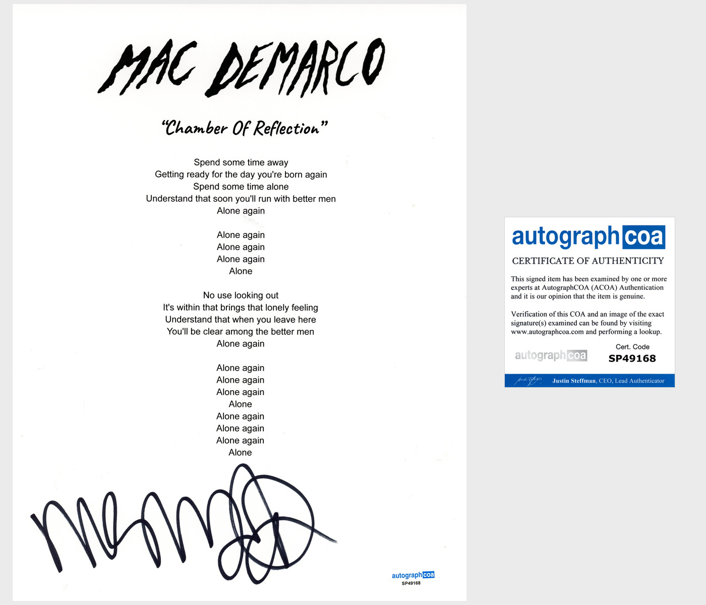 'Mac DeMarco' Signed Lyric Sheet 'Chamber Of Reflection' Indie Pop ACOA
