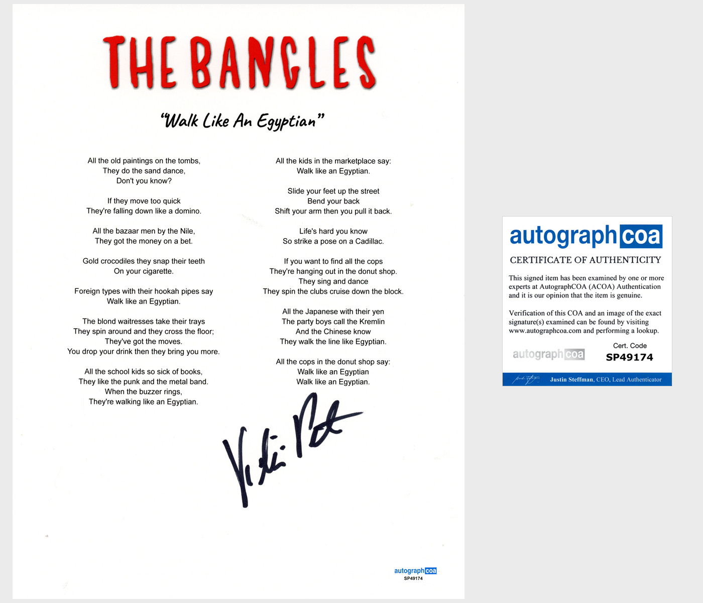Vicki Peterson 'The Bangles' Signed Lyric Sheet 'Walk Like An Egyptian' ACOA