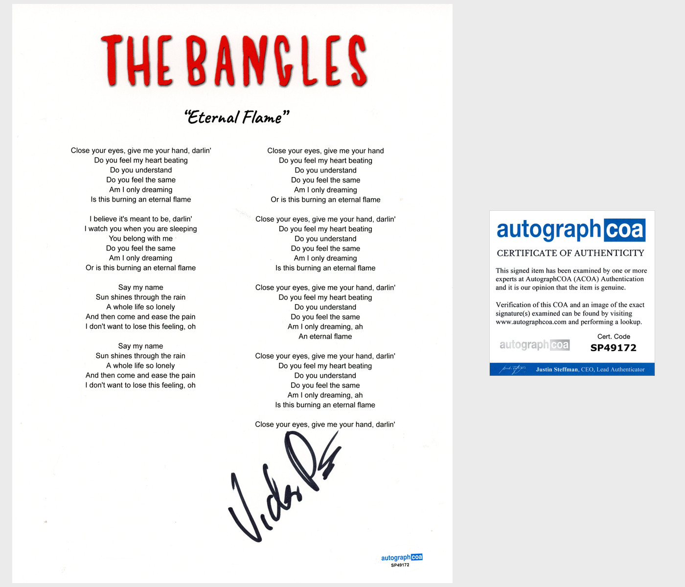Vicki Peterson 'The Bangles' Signed Lyric Sheet 'Eternal Flame' ACOA