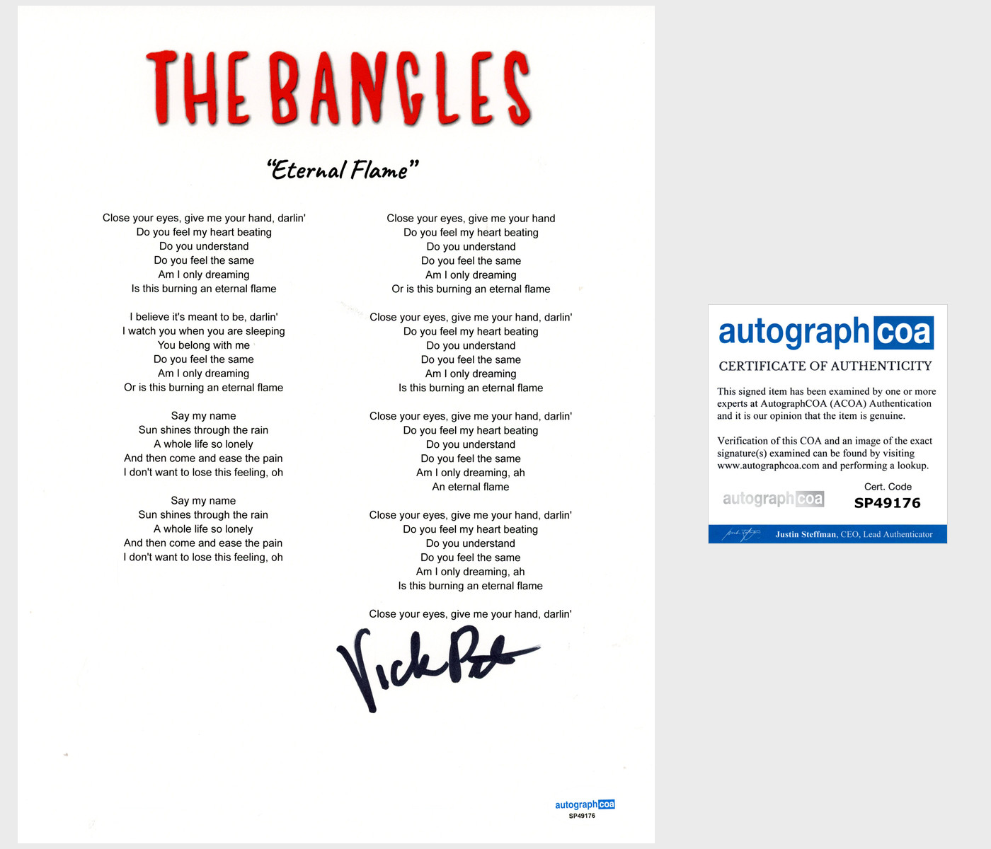 Vicki Peterson 'The Bangles' Signed Lyric Sheet 'Eternal Flame' ACOA