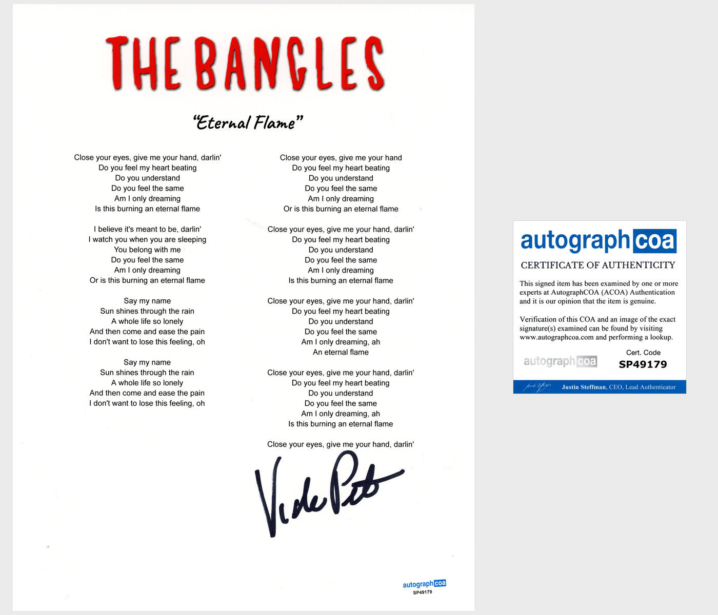 Vicki Peterson 'The Bangles' Signed Lyric Sheet 'Eternal Flame' ACOA