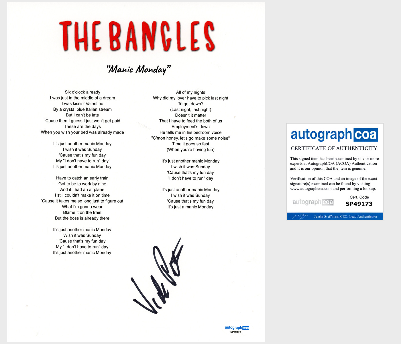 Vicki Peterson 'The Bangles' Signed Lyric Sheet 'Manic Monday' ACOA
