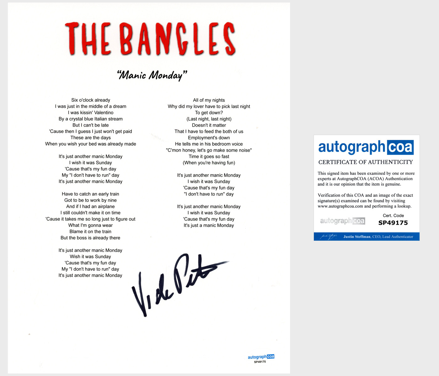 Vicki Peterson 'The Bangles' Signed Lyric Sheet 'Manic Monday' ACOA