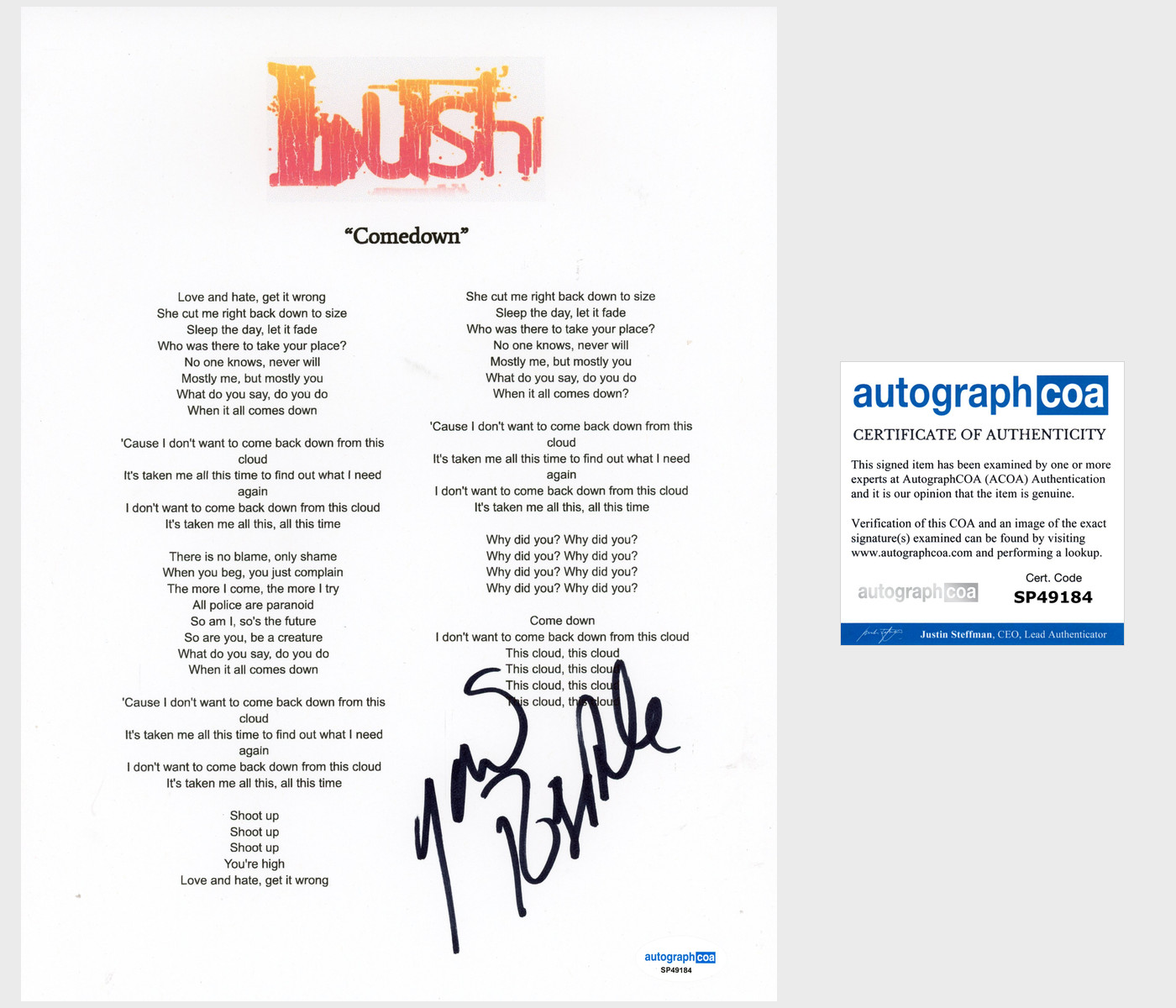 Gavin Rossdale 'Bush' Band Signed Lyric Sheet 'Comedown' ACOA
