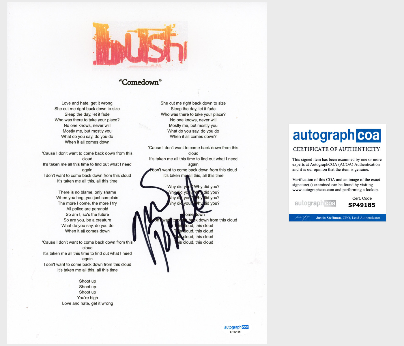 Gavin Rossdale 'Bush' Band Signed Lyric Sheet 'Comedown' ACOA