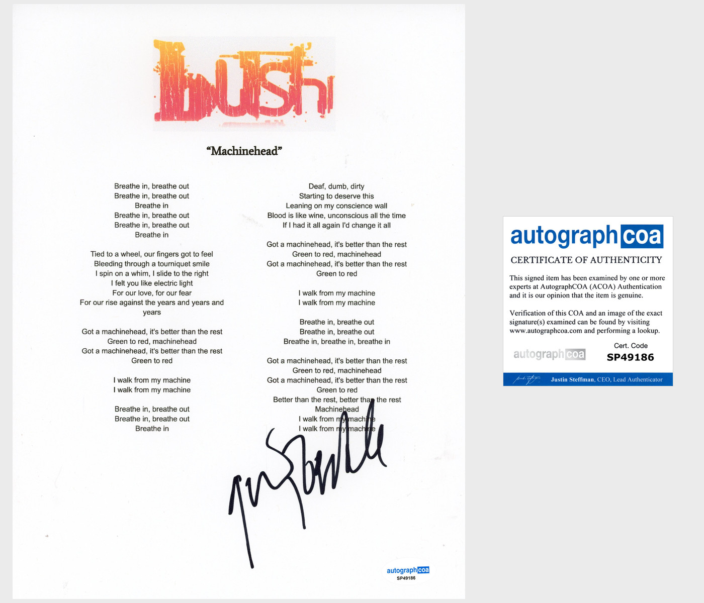 Gavin Rossdale 'Bush' Band Signed Lyric Sheet 'Machinehead' ACOA