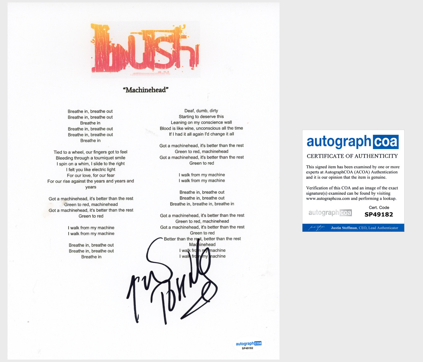 Gavin Rossdale 'Bush' Band Signed Lyric Sheet 'Machinehead' ACOA