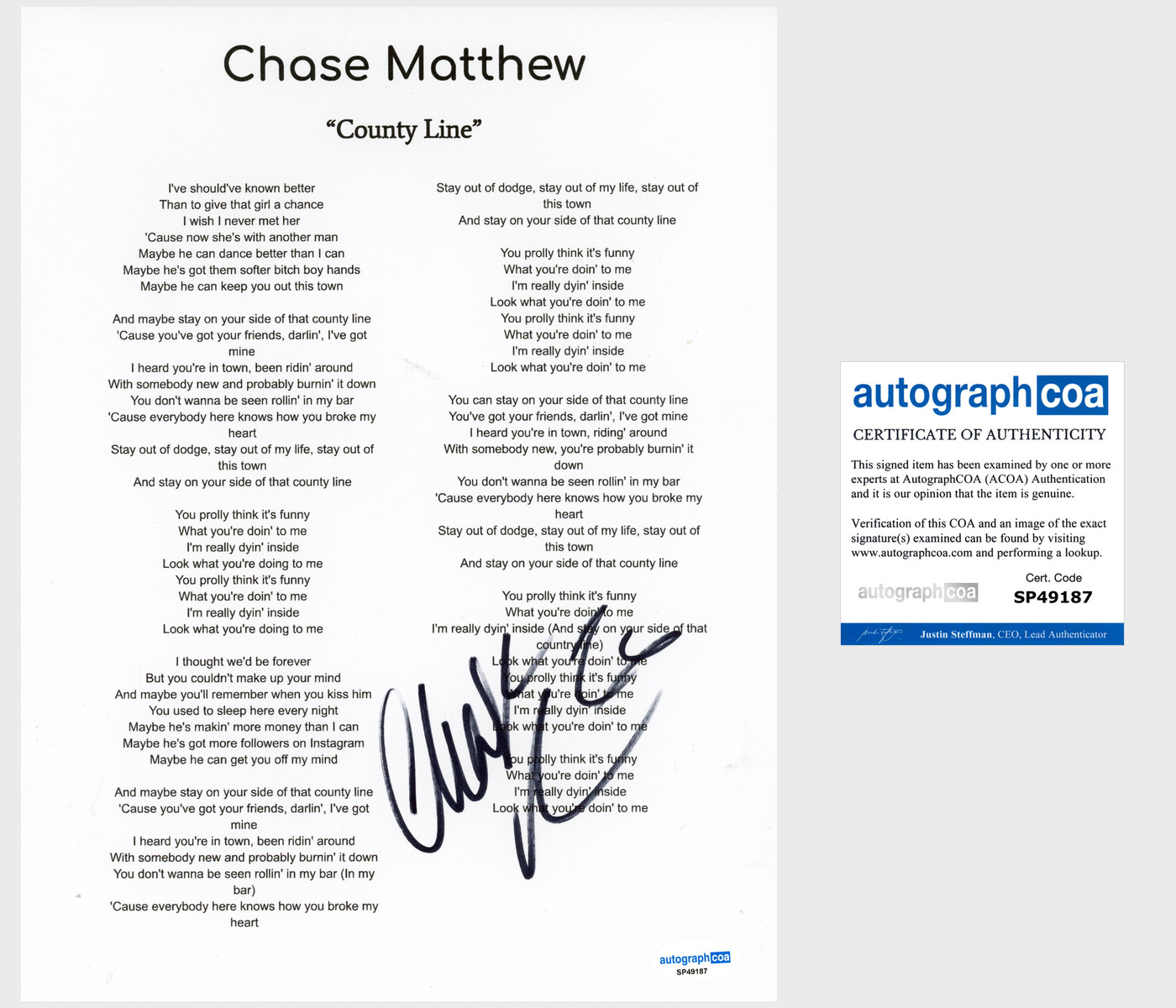 ‘Chase Matthew’ Signed Lyric Sheet ‘County Line’ Country Singer ACOA